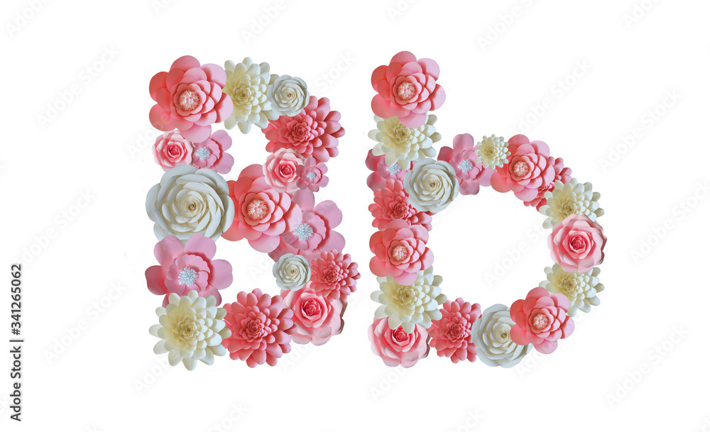 Alphabet of paper flowers. Letters on a white background. Pink and white flowers. Alphabet of paper flowers. Letters on a white background. Pink and white flowers.