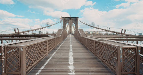 DX EST Super wide angle view, establishing shot of a Brooklyin bridge in New York, USA. No people walking on usually crowded bridge during coronavirus pandemic