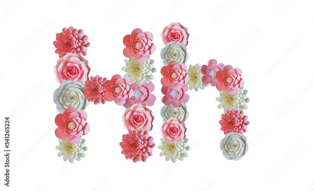 Alphabet of paper flowers. Letters on a white background. Pink and white flowers. Alphabet of paper flowers. Letters on a white background. Pink and white flowers.