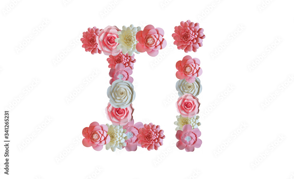 Alphabet of paper flowers. Letters on a white background. Pink and white flowers. Alphabet of paper flowers. Letters on a white background. Pink and white flowers.