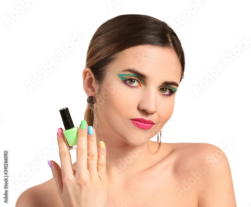 Young woman with beautiful manicure and nail polish on white background