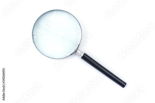 Black handle and metal rim Magnifying glass on a white background