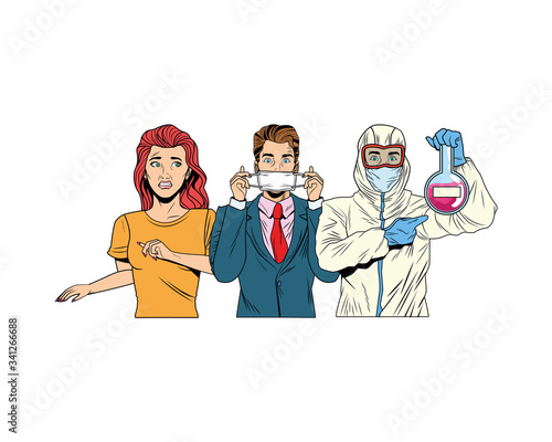 couple and man with biosafety suit lifting tube test