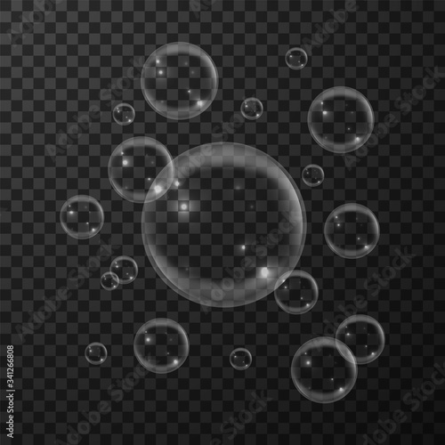 Soap bubble. Vector realistic soapy foam background. White 3D aip transparent sphere