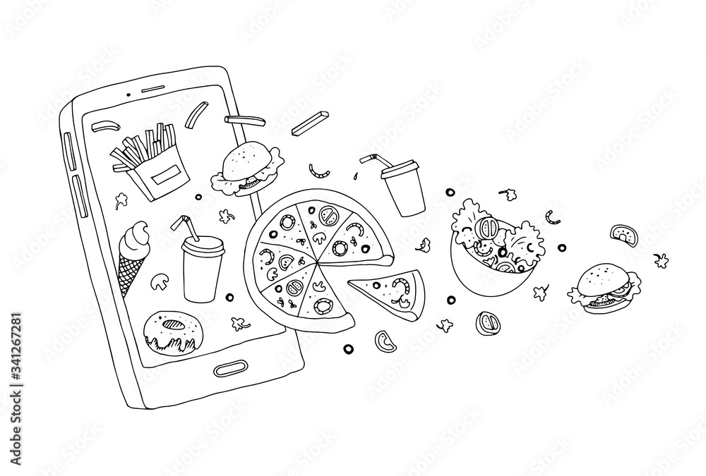 Fototapeta premium vector illustration of mobile phone with flying pizza, french fries, drink, salad, ice cream, burger on white background. Doodle line style concept of food delivery application. delivery services