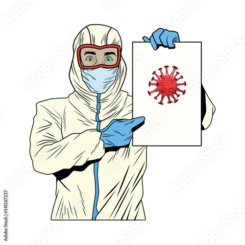 worker with biosafety suit lifting covid19 label