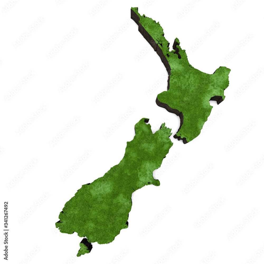 Map of New Zealand with grass and soil. 3D rendering Map of New Zealand with grass and soil. 3D rendering
