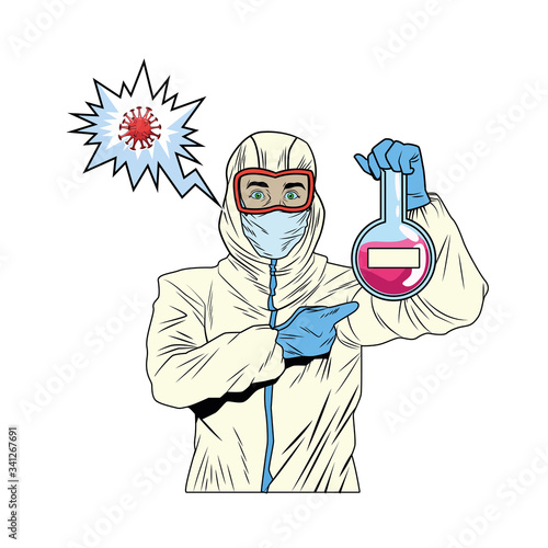 worker with biosafety suit lifting tube test and covid particle