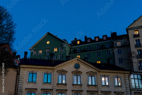 STOCKHOLM, SWEDEN; March 21 2019: Night in Stockholm. View from Pålsundets. Typical house of Sweden.