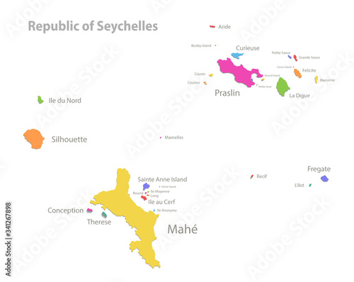 Seychelles map, administrative division with region names, color map isolated on white background vector