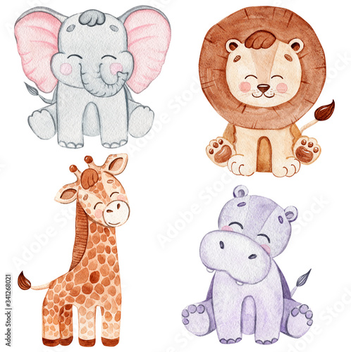 Photography watercolor happy african animals set isolated on white background