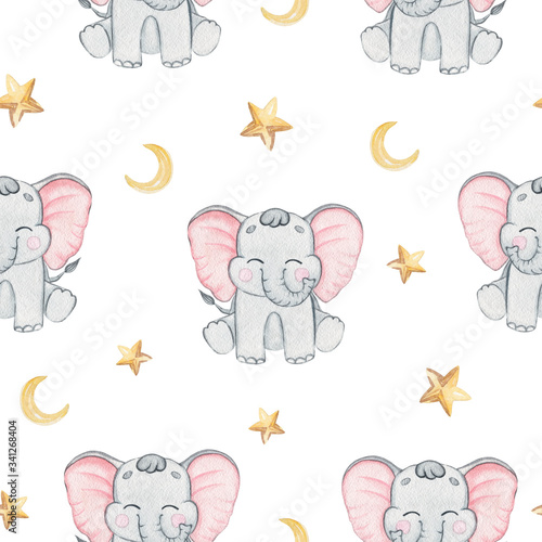 watercolor grey elephant and stars seamless pattern on white background for fabric,textile,branding,invitations,scrapbooking,wrapping