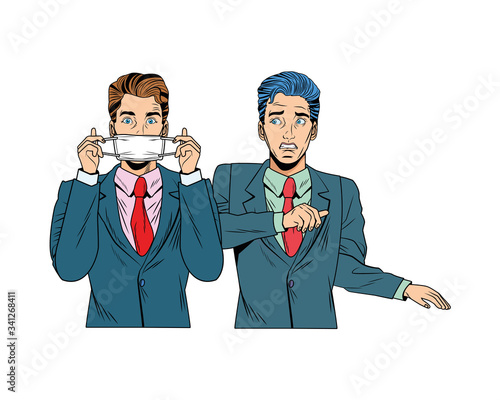 businessmen using face mask pop art style
