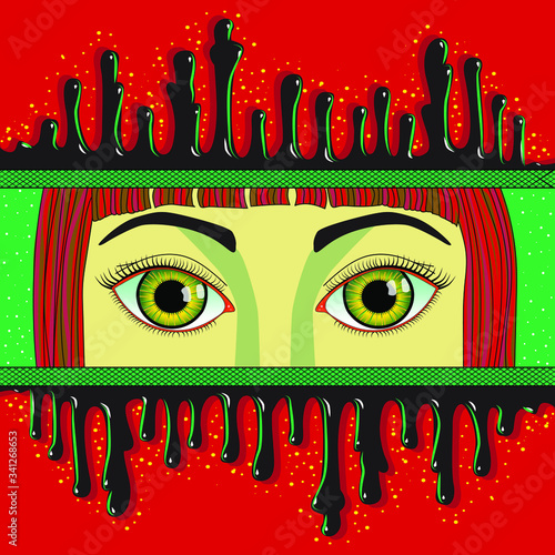 Female eyes look through a hole with a colorful background. A girl with red hair, green eyebrows and green eyes.