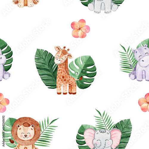 Photography watercolor wild african animals and green tropical palm leaves and plumeria flow