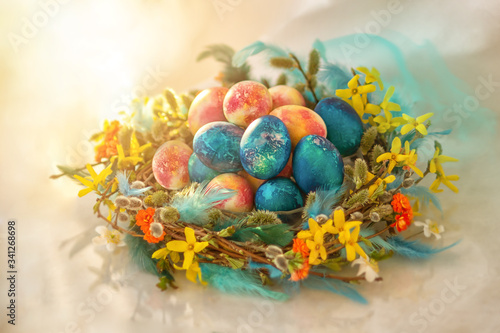 Photography Colorful easter egg and nest on green pastel color background.