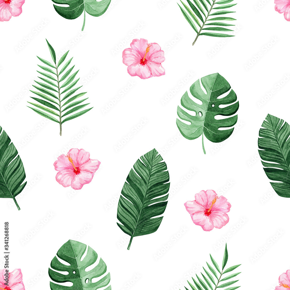 watercolor pink hibiscus flower and green tropical palm leaves seamless pattern on white background for fabric,textile,branding,invitations,scrapbooking,wrapping