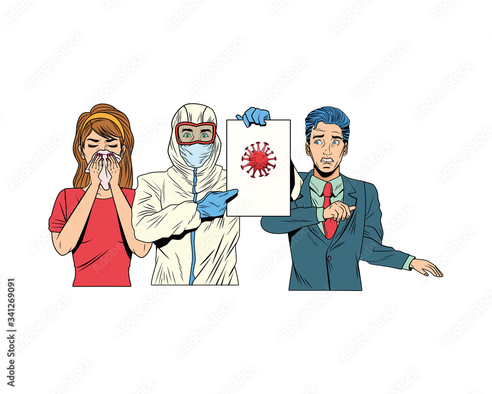 couple and man with biosafety suit lifting covid19 label couple and man with biosafety suit lifting covid19 label