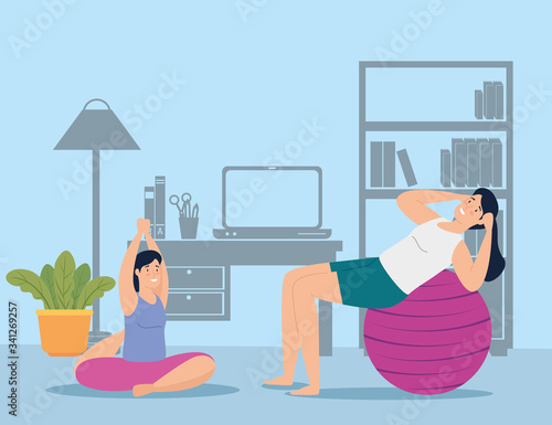 women practicing exercise and pilates with ball plastic vector illustration design