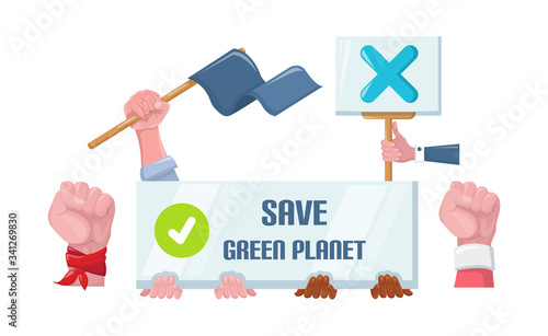 Save environment in earth day placard. Protests people with programs posters: protect earth from plastic, environmental pollution, conservation of rare animals, healthy lifestyles vector