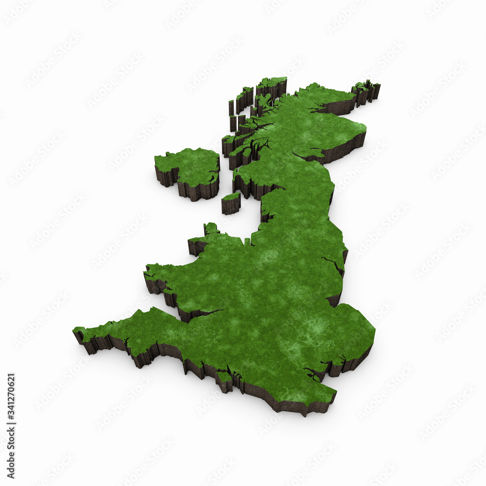 Map of United Kingdom, Europe with grass and soil. 3D rendering Map of United Kingdom, Europe with grass and soil. 3D rendering