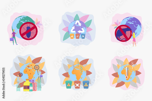 Set of 6 environmental protection illustration. Save the planet. Ocean pollution, global warming, forest fires, floods, deforestation, carbon monoxide air pollution. Ecology.