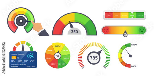 Credit score indicators. Limit indicators with color levels from poor to good. Gauges with measuring scale. Business credit score speedometers, indicators scale estimation of bank loan approval vector