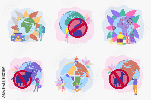 Set of 6 environmental protection illustration. Save the planet. Ocean pollution, global warming, forest fires, floods, deforestation, carbon monoxide air pollution. Ecology.