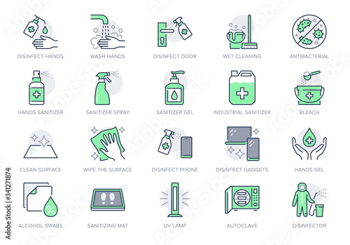 Disinfection line icons. Vector illustration included icon as spray bottle, floor cleaning mop, wash hand gel, autoclave uv lamp outline pictogram for housekeeping Green Color, Editable Stroke photo