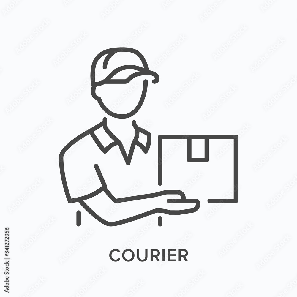 Courier line icon. Vector outline illustration of delivery boy with box. Man in hat with parcel pictorgam Courier line icon. Vector outline illustration of delivery boy with box. Man in hat with parcel pictorgam