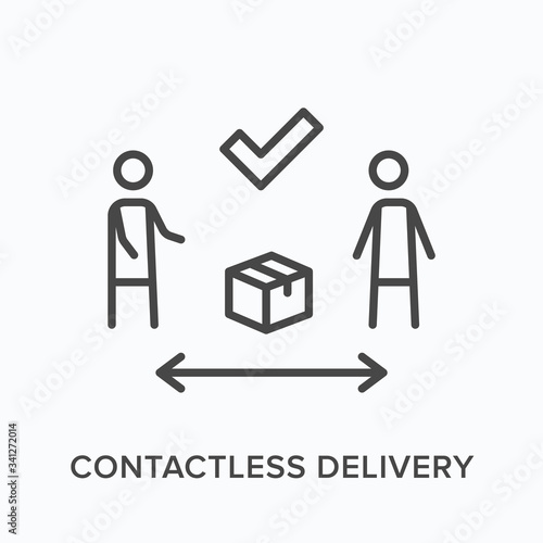 Contactless delivery line icon. Vector outline illustration of courier brought box to client. Safe package transportation pictorgam
