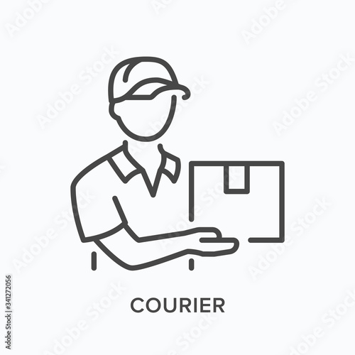 Courier line icon. Vector outline illustration of delivery boy with box. Man in hat with parcel pictorgam