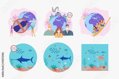 Set of 6 environmental protection illustration. Save the planet. Ocean pollution, global warming, forest fires, floods, deforestation, carbon monoxide air pollution. Ecology.