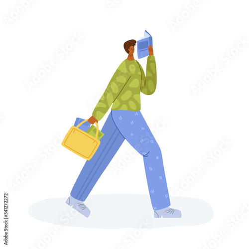 Young African American guy with book, man loves reading book, activities of literature fan concept, student read and study, flat cartoon textured characters isolated on white - vector illustration