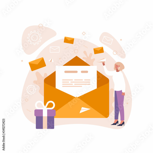 Email marketing, internet advertising concepts. Content concept illustration of young various people using laptop, tablet pc and smartphone to use social networks and websites. Flat illustration.