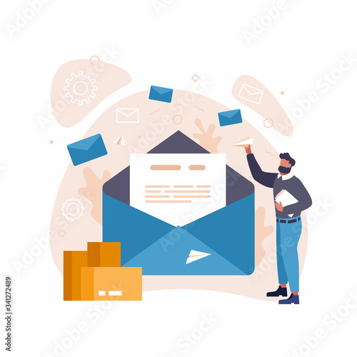 Email marketing, internet advertising concepts. Content concept illustration of young various people using laptop, tablet pc and smartphone to use social networks and websites. Flat illustration.