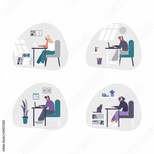Freelance and business men and women working from home - home office concept illustration. Men and women are tired, bored and fall asleep at desk with laptop.