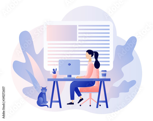 Freelance work concept. Tiny girl work in comfortable conditions home office. Working space. Modern flat cartoon style. Vector illustration on white background