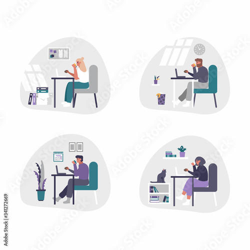Freelance and business men and women working from home - home office concept illustration. Men and women are tired, bored and fall asleep at desk with laptop.