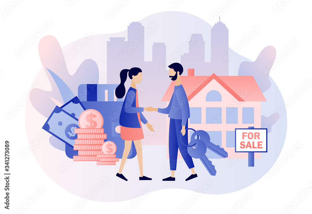 House for sale. Real estate business concept with houses. Tiny real estate agent or broker shaking hands with people buying house. Modern flat cartoon style. Vector illustration on white background