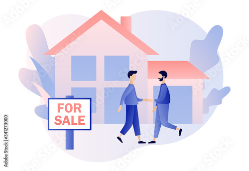 Real estate business concept with houses. House for sale. Tiny real estate agent or broker shaking hands with people buying house. Modern flat cartoon style. Vector illustration on white background