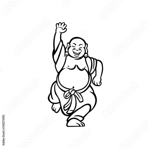Cartoon style illustration of a happy Buddha dancing on isolated white background done in black and white.