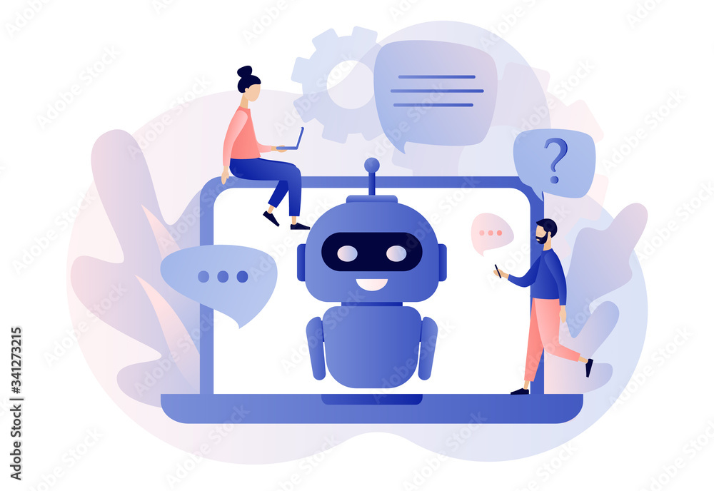 Chatbot concept. AI robot assistant, online customer support. Tiny people  chatting with chatbot in laptop. Modern flat cartoon style. Vector  illustration on white background vector de Stock | Adobe Stock