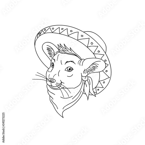 Cartoon style illustration of a Mexican chinchilla wearing a sombrero and bandana on isolated background done in black and white.