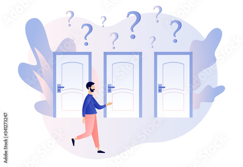 Make your choice. Tiny man having a choice in front of three doors. Metaphor alternatives or opportunities, life dilemma, decision making. Modern flat cartoon style. Vector illustration