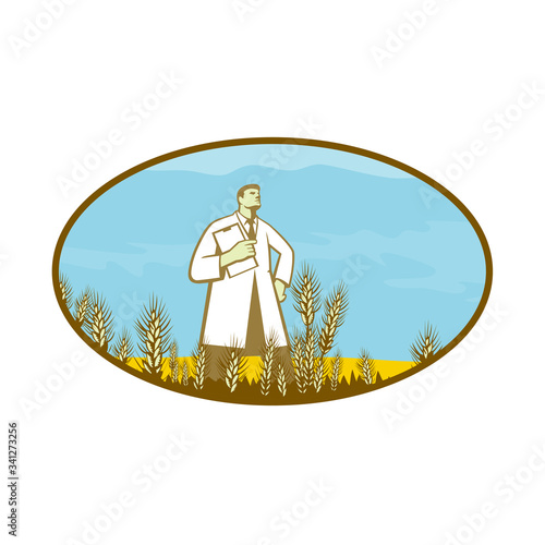 Retro style illustration of a scientist, researcher standing in middle of genetically modified wheat field set inside oval shape on isolated background.
