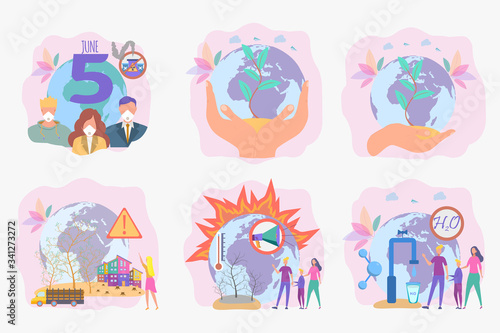 Set of 6 environmental protection illustration. Save the planet. Ocean pollution, global warming, forest fires, floods, deforestation, carbon monoxide air pollution. Ecology.