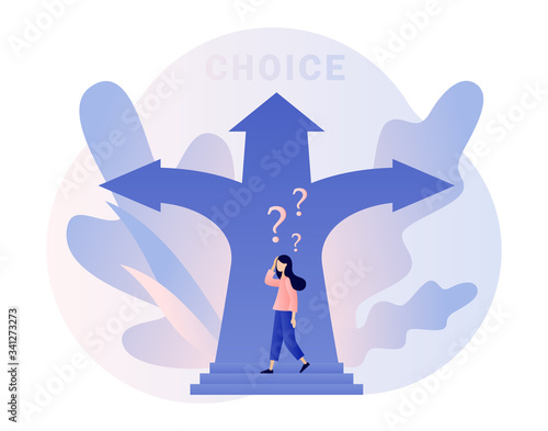 Make your choice. Tiny girl choosing of way. Metaphor alternatives or opportunities, life dilemma, decision making. Modern flat cartoon style. Vector illustration on white background