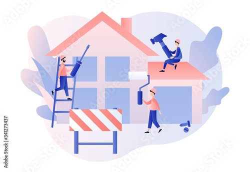 Build and Home Repair concept. Modern building process. Tiny men builders and repairers working with professional tools. Modern flat cartoon style. Vector illustration on white background
