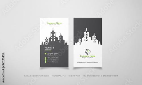 skyscraper real estate business cards, grey green color combination